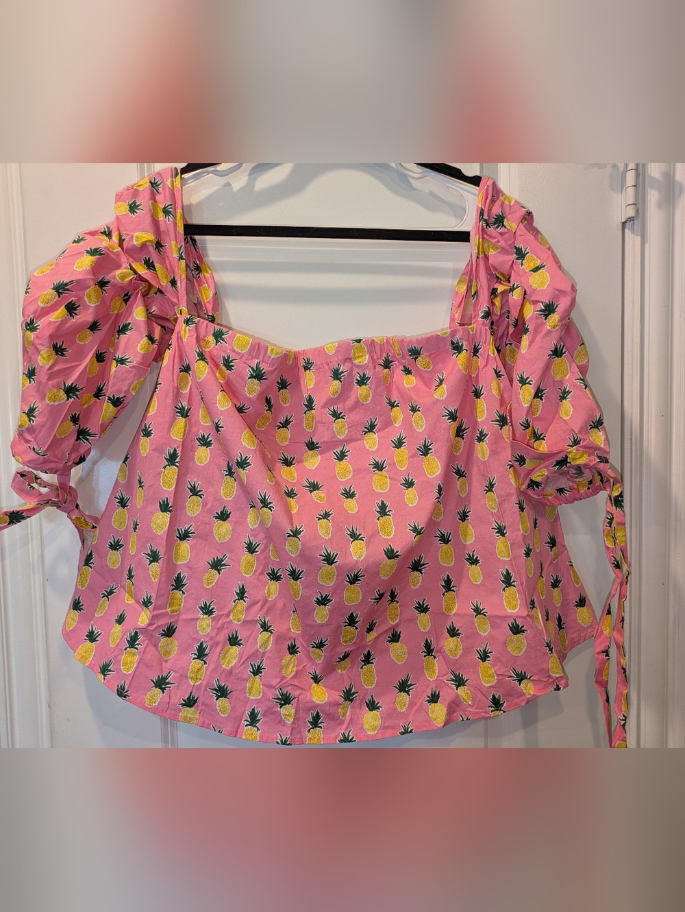 Mark Pink Pineapple Print Puff Sleeve Crop Top XL 16 Tropical Summer Blouse Cute